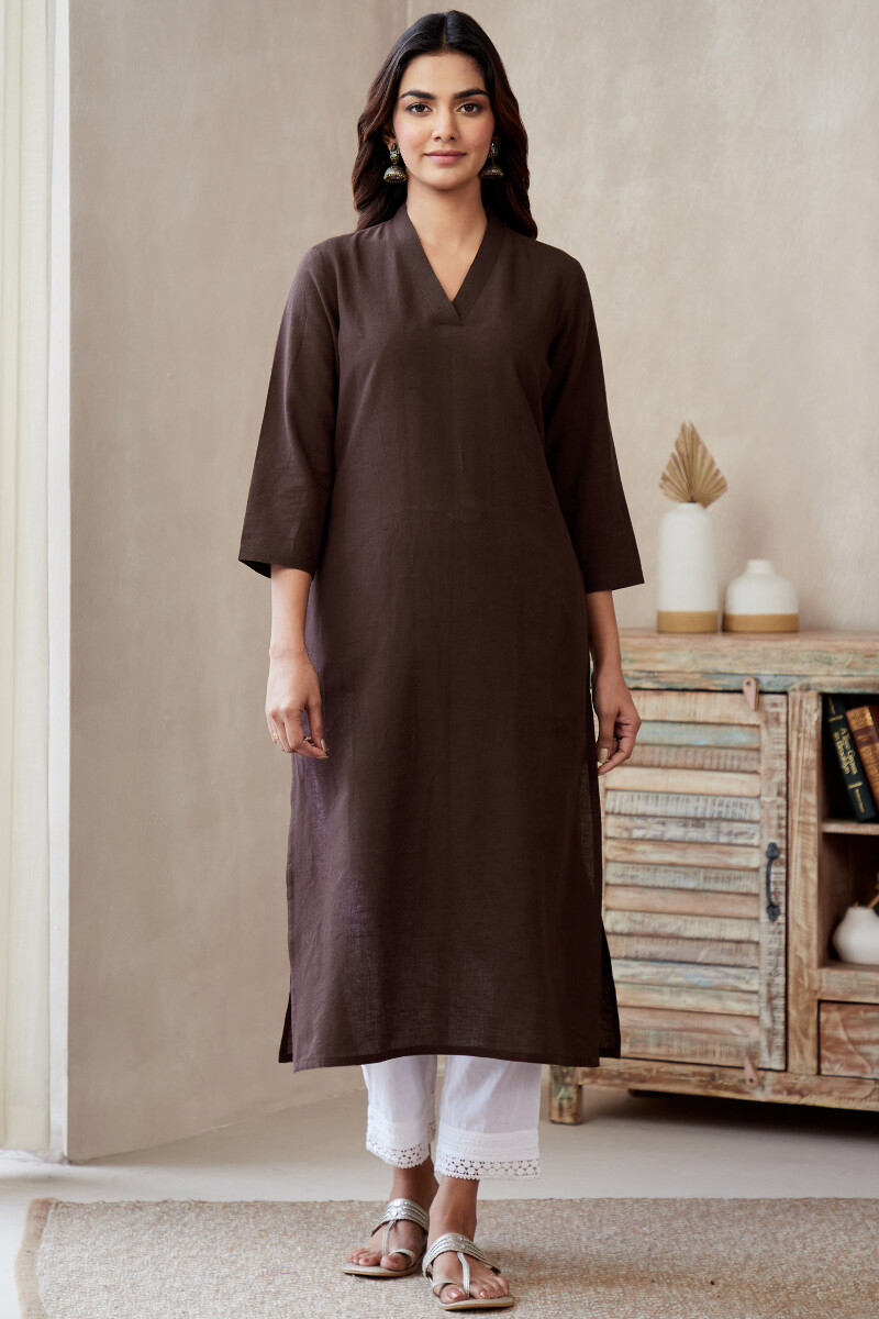 Brown Hand Block-Printed Straight Cotton Linen Kurta
