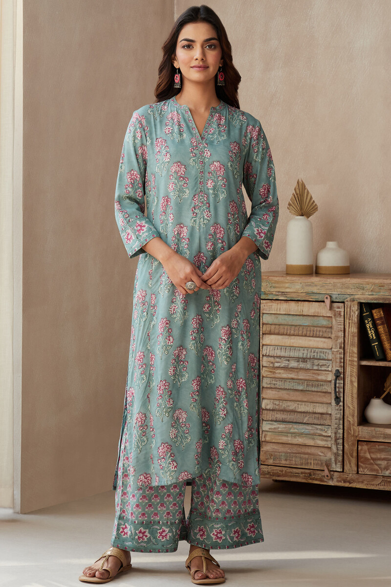 Green Hand Block-Printed Straight Viscose Kurta