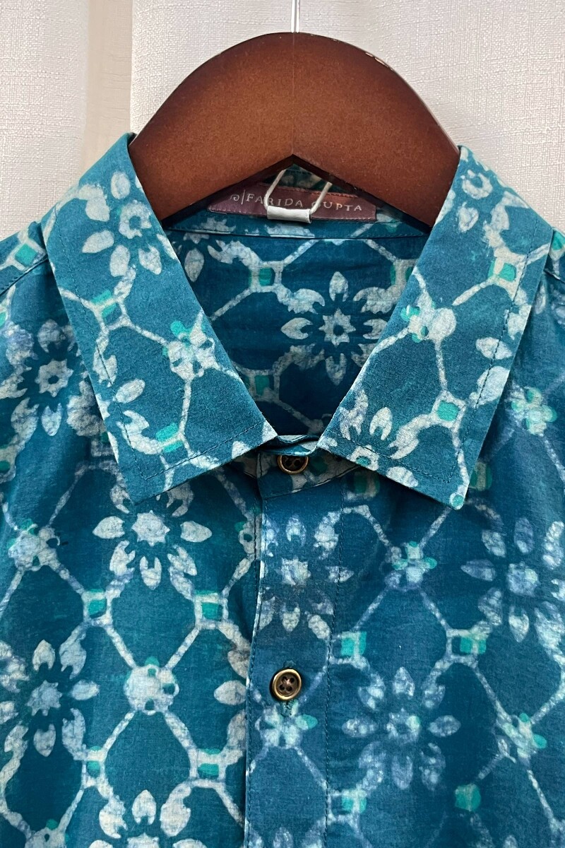 FG Specials: 1 Of 1- Men's Teal Hand Block-Printed Cotton Shirt