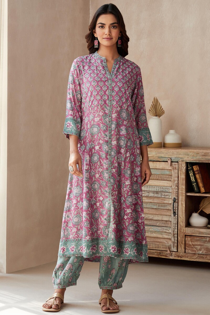 Pink Hand Block-Printed A-Line Viscose Kurta
