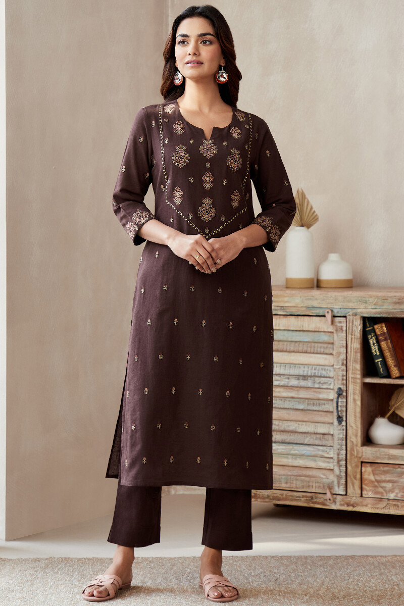 Brown Handcrafted Straight Cotton Linen Kurta