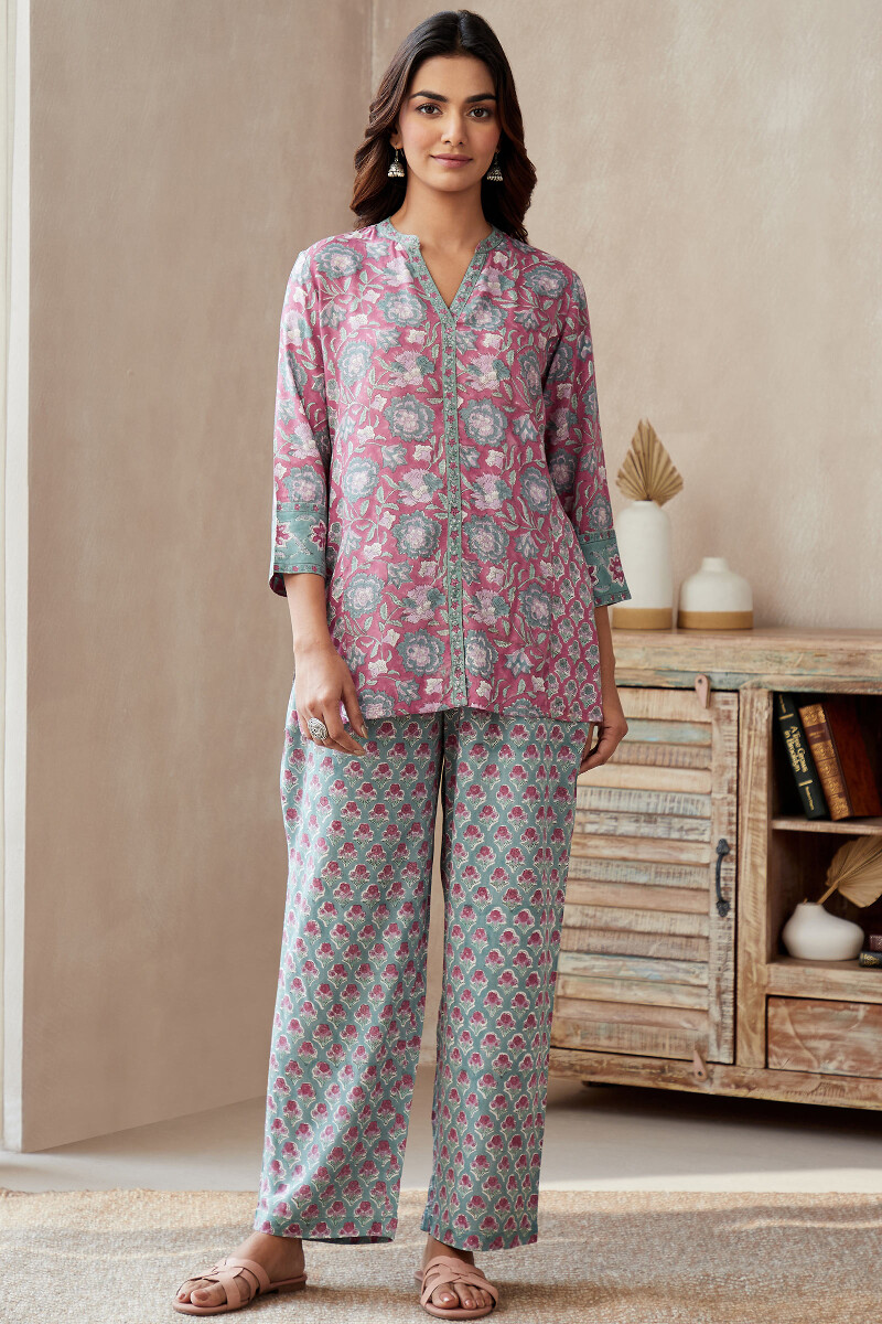 Pink Hand Block-Printed Viscose Loungewear Set