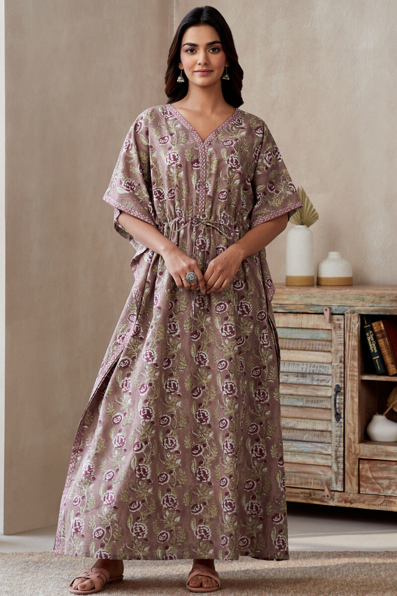 Brown Hand Block-Printed Cotton Kaftan