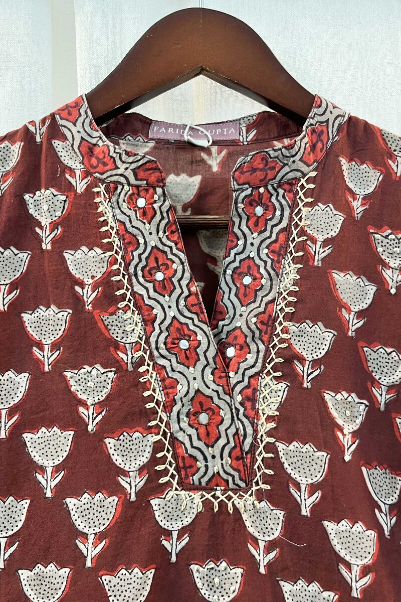 FG Specials: 1 of 1- Maroon Hand Block-Printed Straight Cotton Kurta