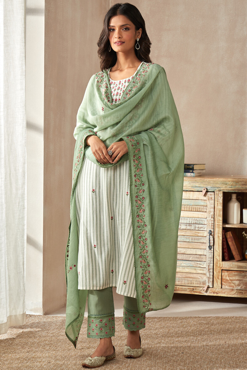 Green Handcrafted Cotton Silk Dupatta