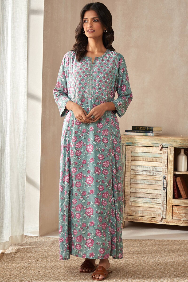 Green Hand Block-Printed Viscose Kaftan
