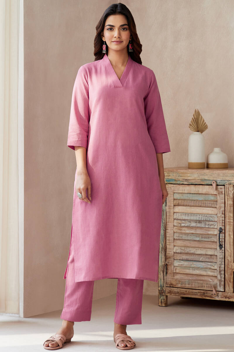 Pink Handcrafted Cotton Linen Narrow Pants