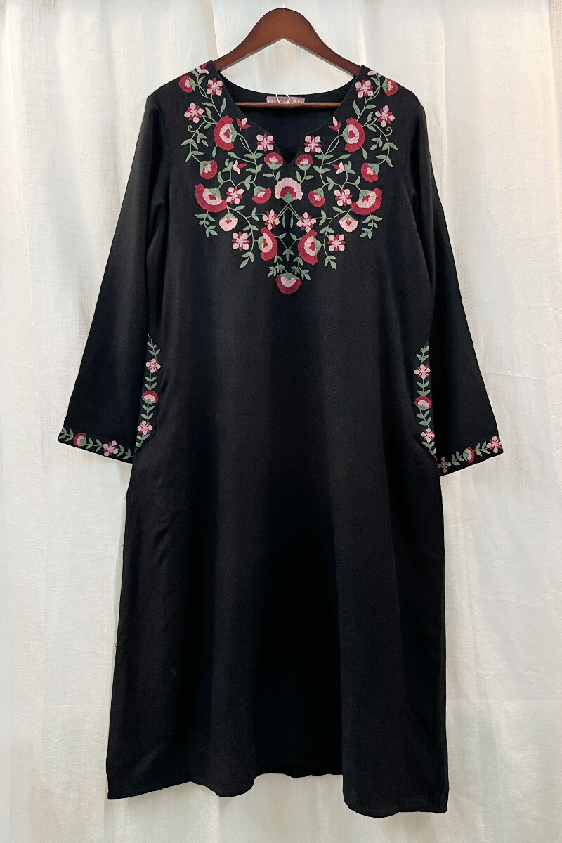 FG Specials: 1 of 1- Black Handcrafted Faux Wool Kurta & Dupatta