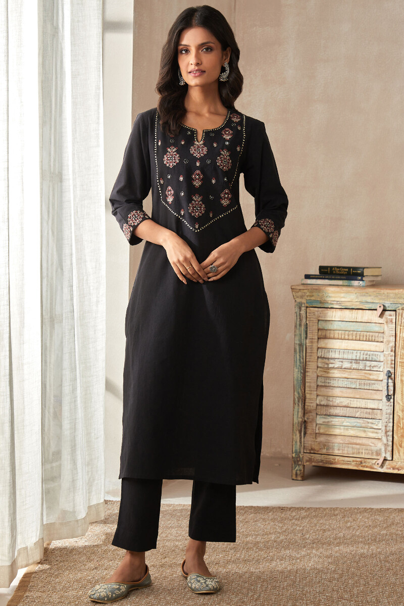 Black Handcrafted Straight Cotton Linen Kurta