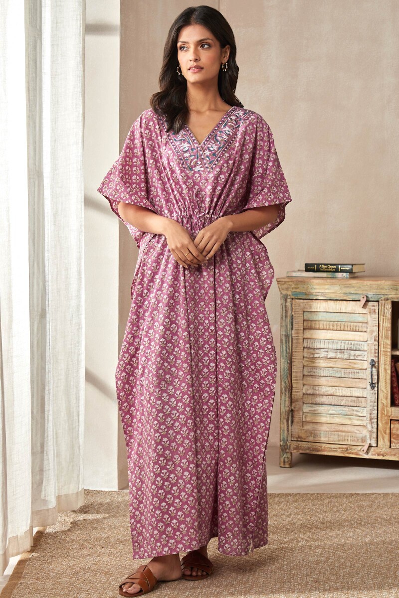 Purple Hand Block-Printed Cotton Kaftan