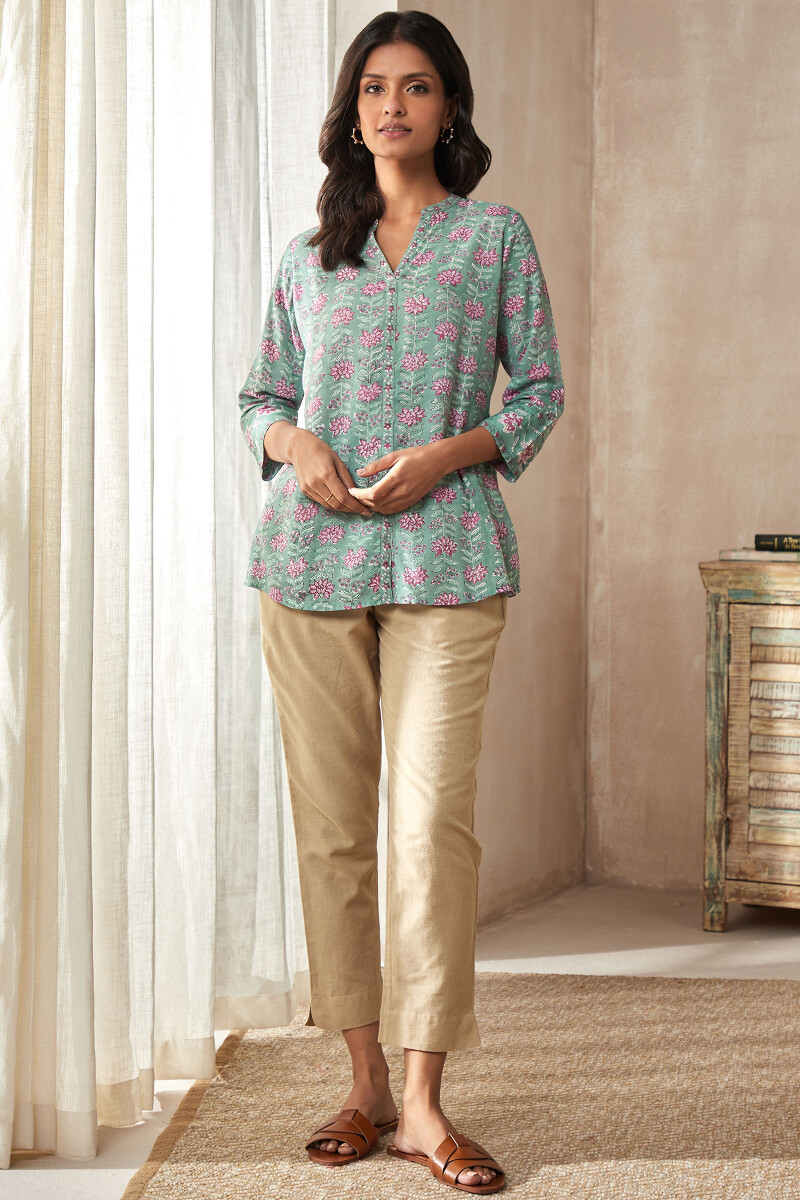 Green Hand Block-Printed Viscose Top