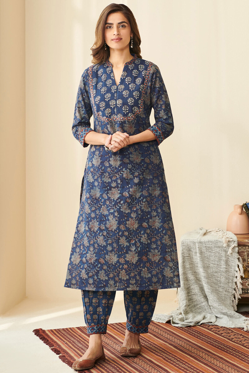 Akola Hand Block-Printed Straight Cotton Dobby Kurta