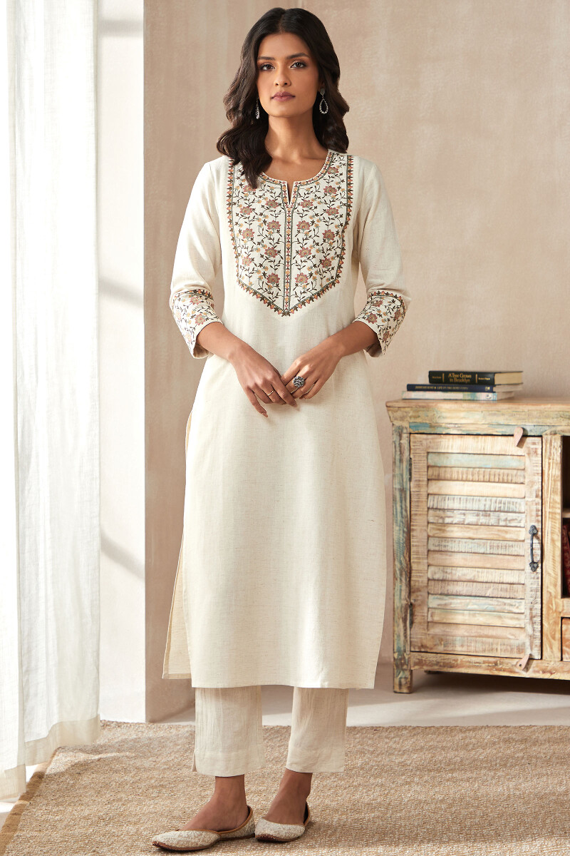 Off-White Handcrafted Straight Cotton Flax Kurta