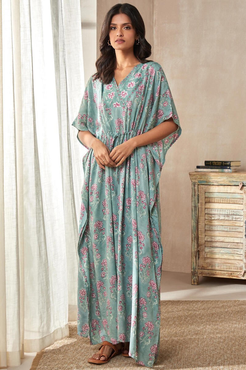 Green Hand Block-Printed Viscose Kaftan