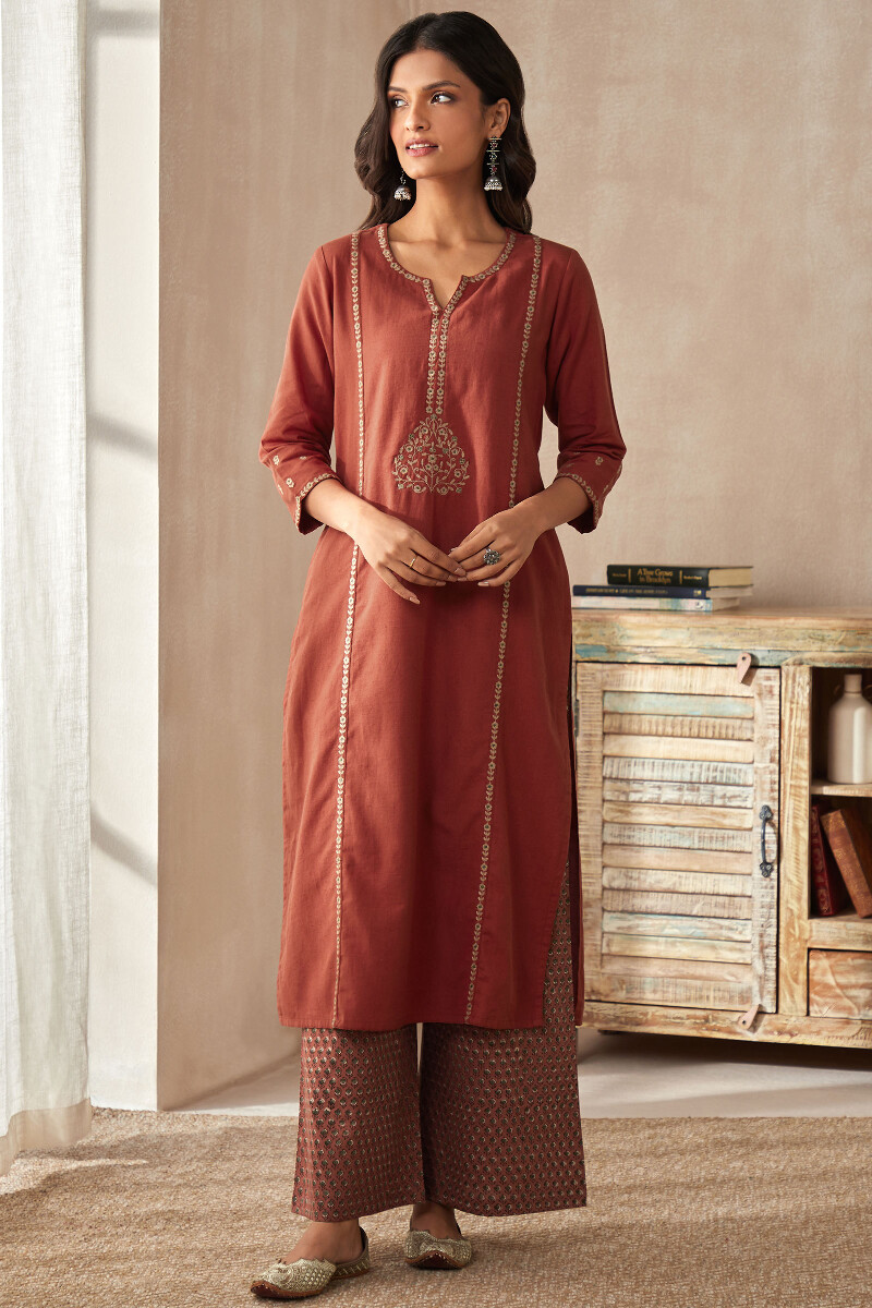 Red Handcrafted Straight Cotton Flax Kurta