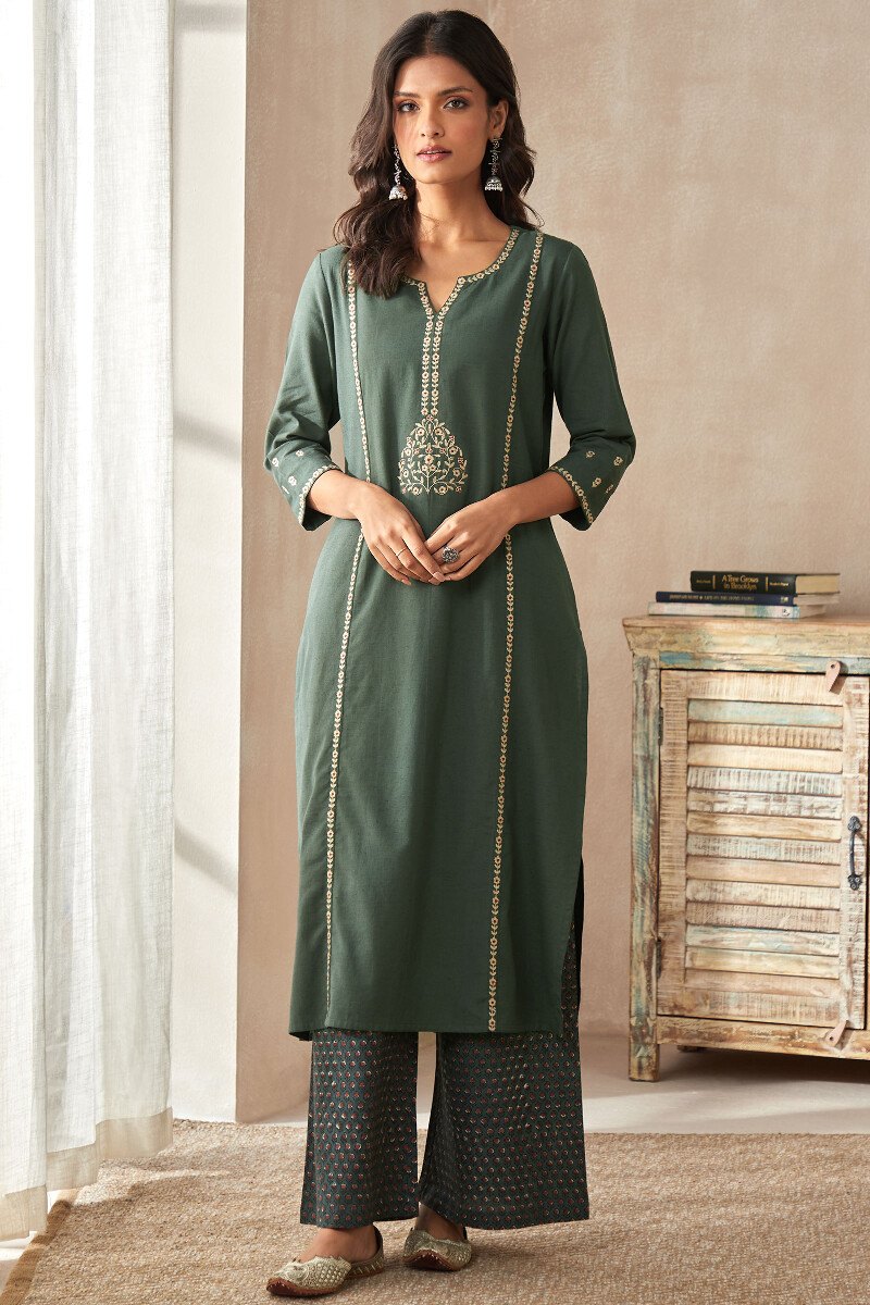 Green Handcrafted Straight Cotton Flax Kurta