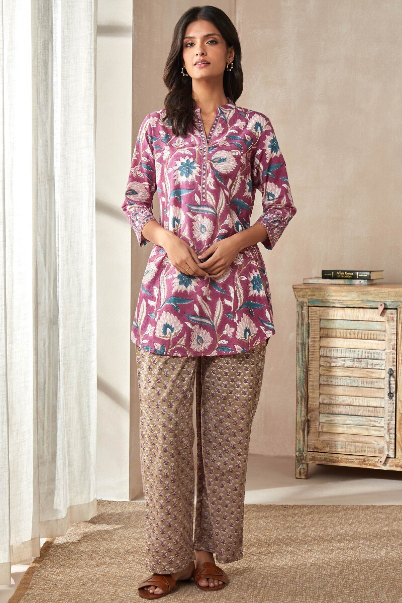 Purple Hand Block-Printed Cotton Loungewear Set