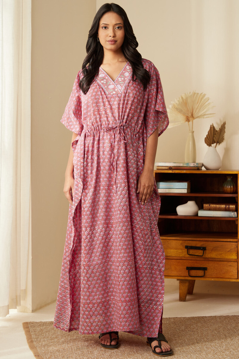 Pink Hand Block-Printed Cotton Mul Kaftan