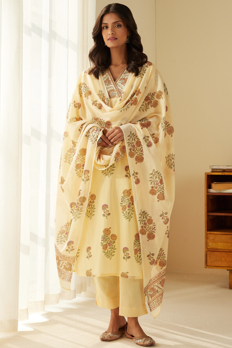 Yellow Hand Block-Printed Cotton Mul Dupatta