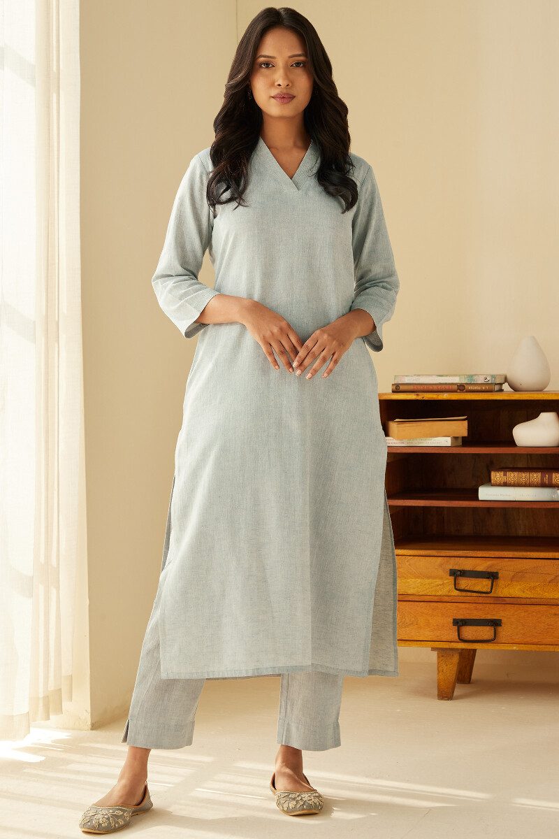 Blue Handcrafted Cotton Flax Narrow Pants