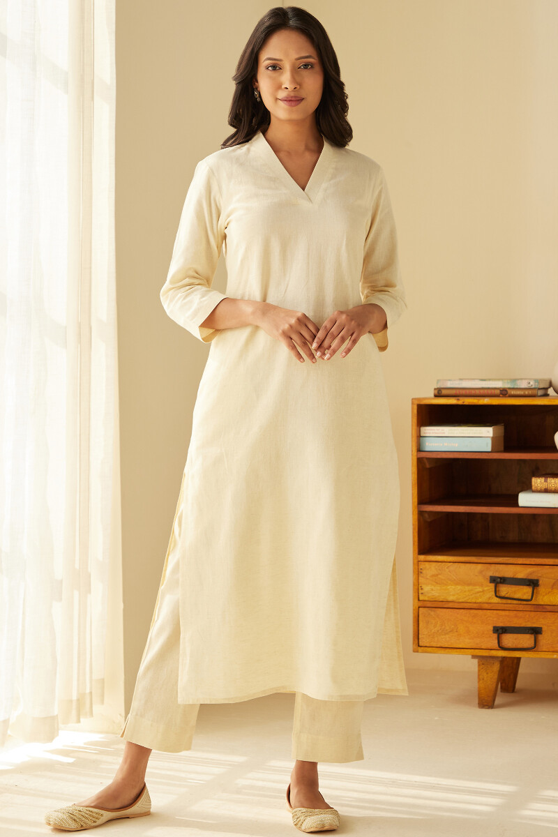 Cream Handcrafted Cotton Flax Narrow Pants