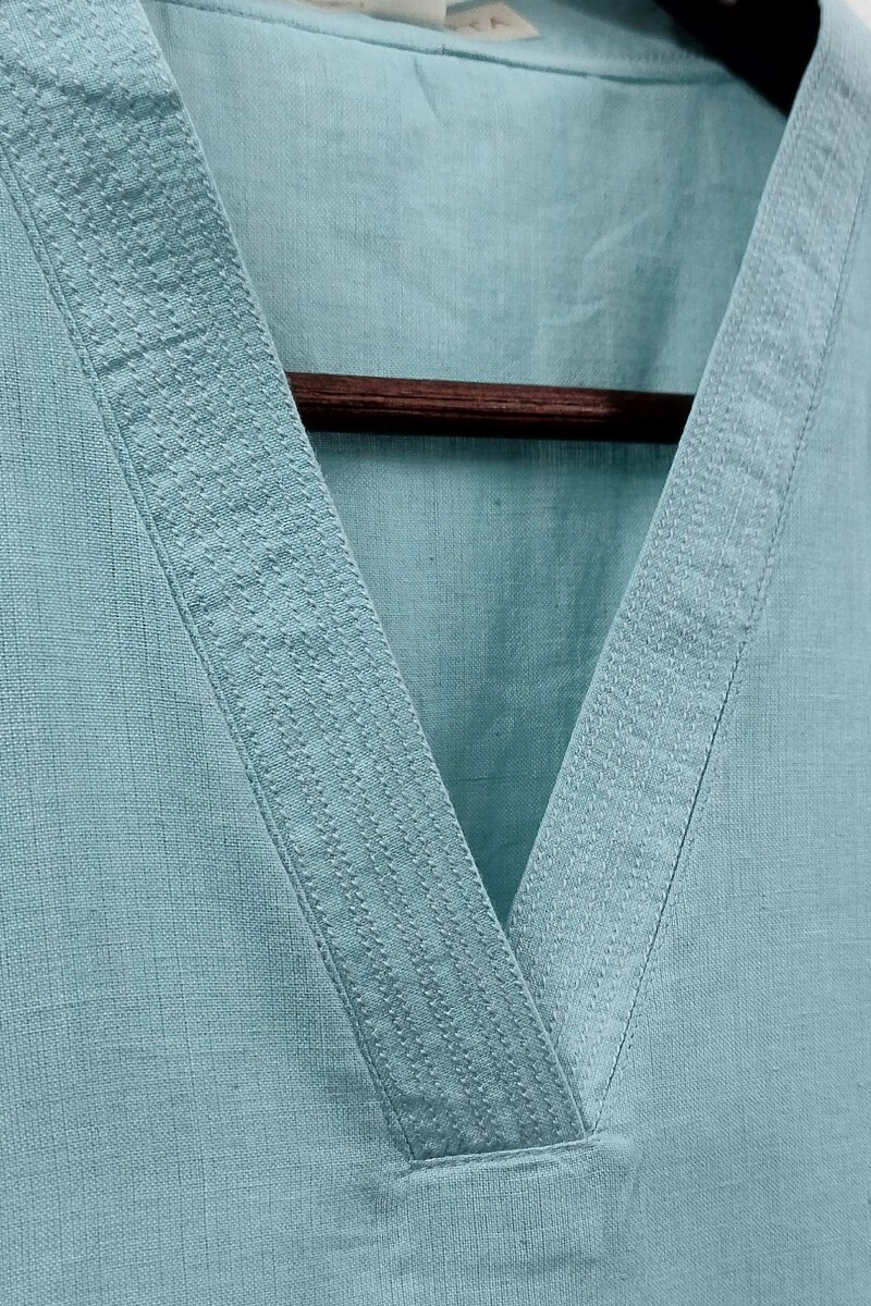 Turquoise Handcrafted Straight Handloom Cotton Kurta