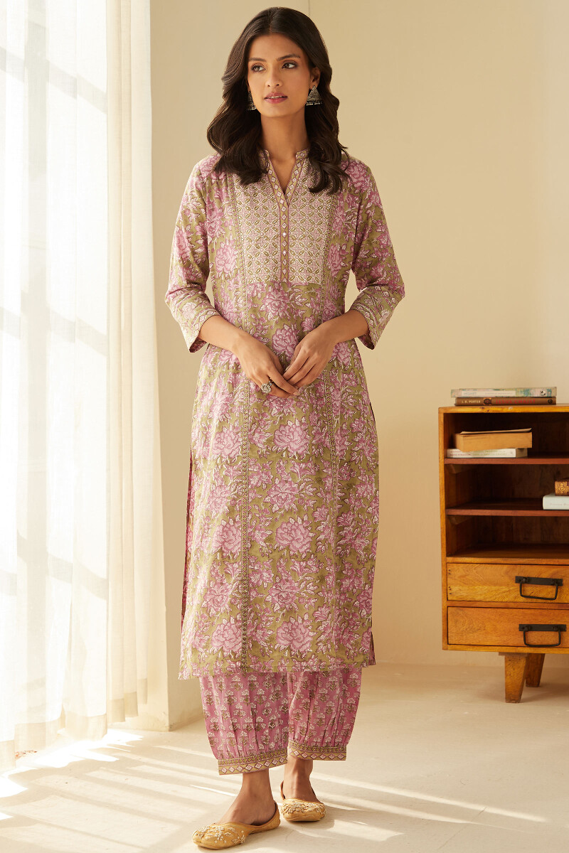 Green Hand Block-Printed Straight Cotton Kurta