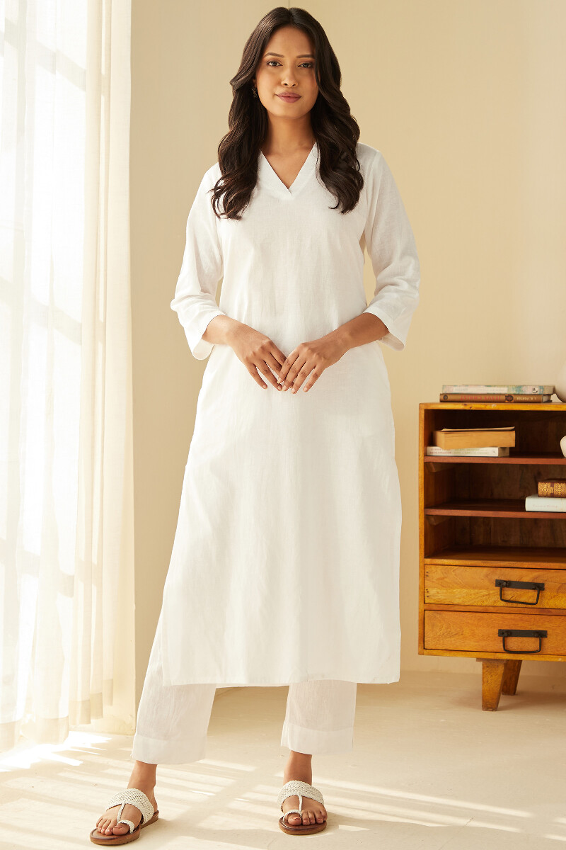 White Handcrafted Cotton Linen Narrow Pants