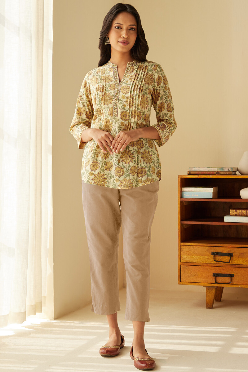 Beige Hand Block-Printed Cotton Dobby Top