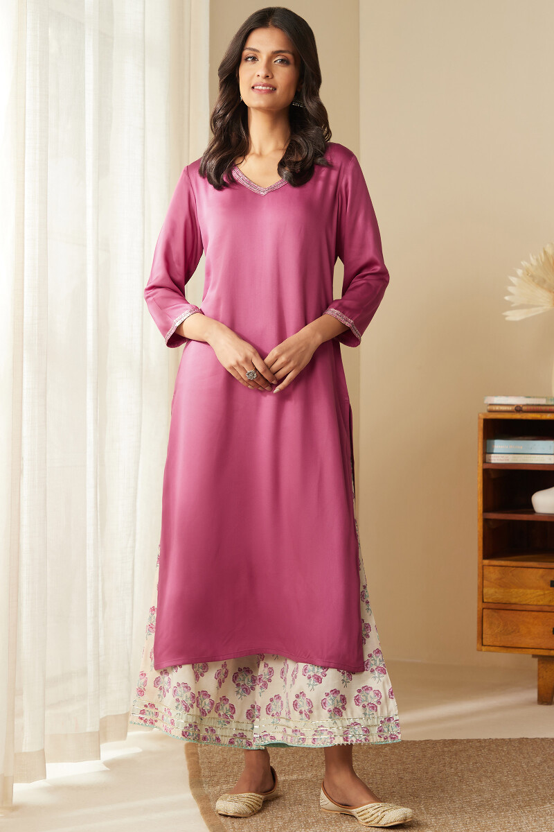 Pink Handcrafted Straight Viscose Kurta
