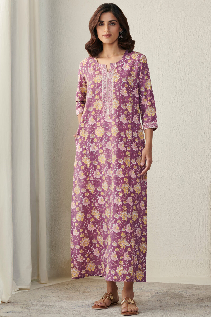 Purple Hand Block-Printed Cotton Kaftan