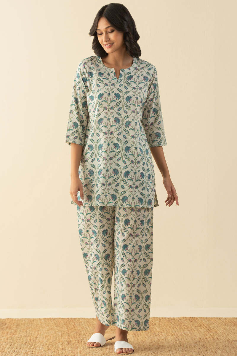 White Hand Block-Printed Cotton Loungewear Set