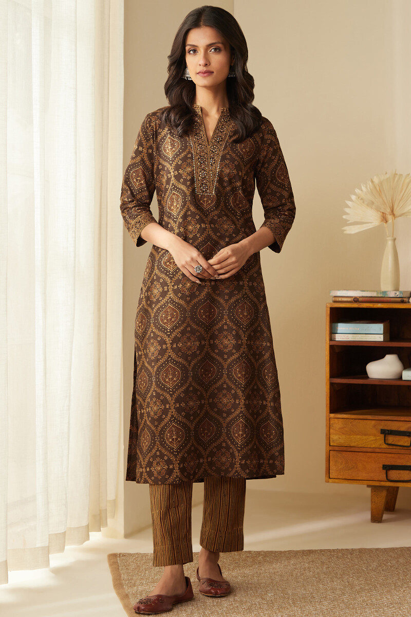 Ajrak Hand Block-Printed Straight Cotton Kurta