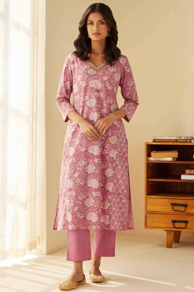 Pink Hand Block-Printed Straight Cotton Kurta