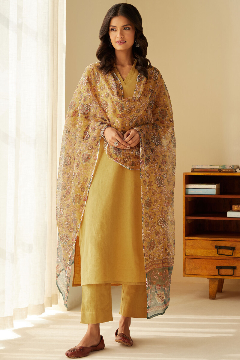 Mustard Handcrafted Cotton Flax Narrow Pants