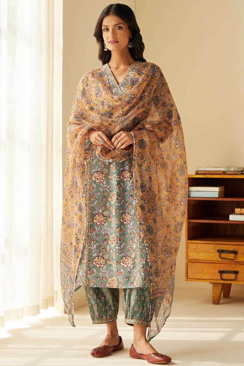 Mustard Hand Block-Printed Kota Dupatta