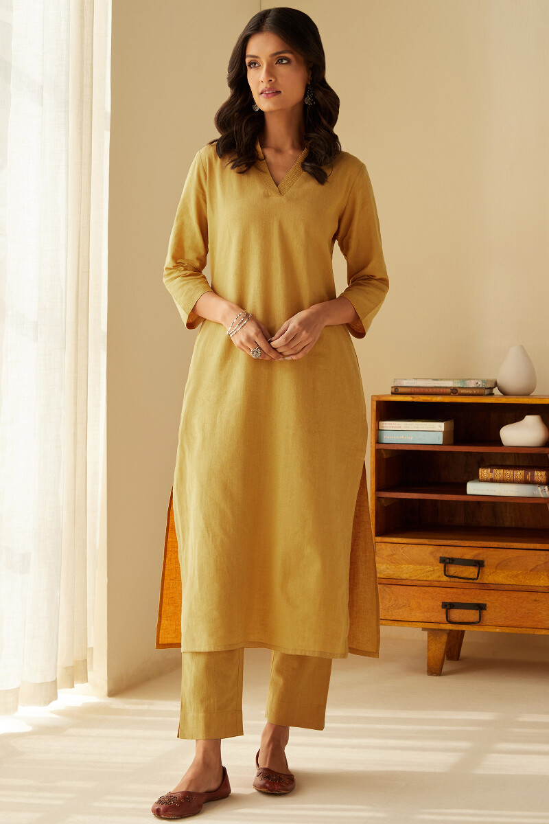 Buy Mustard Handcrafted Straight Cotton Flax Kurta for Women FGMK24 42 Farida Gupta