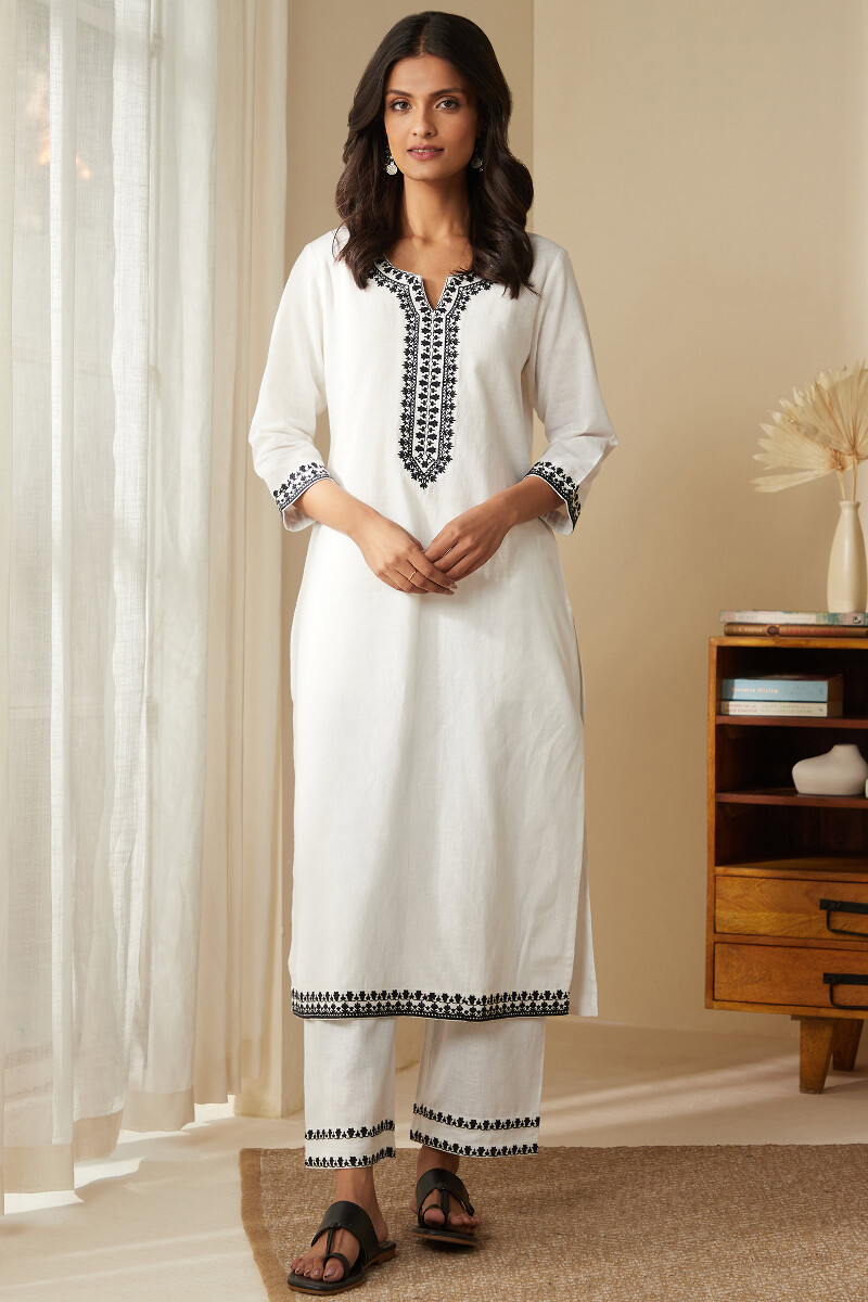 White Handcrafted Straight Cotton Flax Kurta