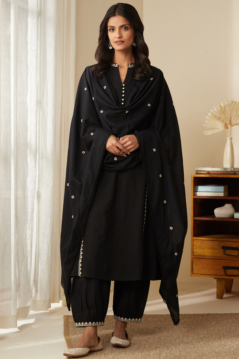 Black Handcrafted Cotton Mul Dupatta
