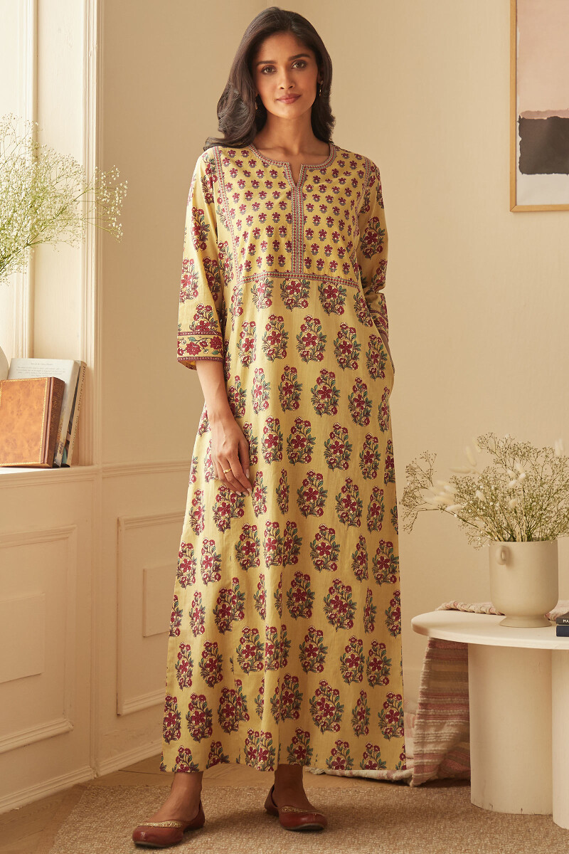Yellow Hand-Printed Cotton Kaftan