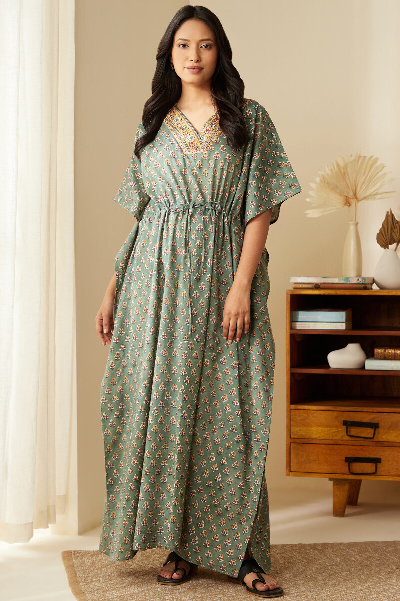 Green Hand Block-Printed Cotton Kaftan