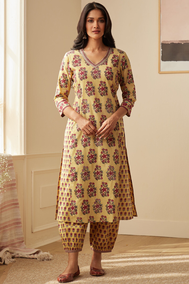 Yellow Hand-Printed Straight Cotton Kurta