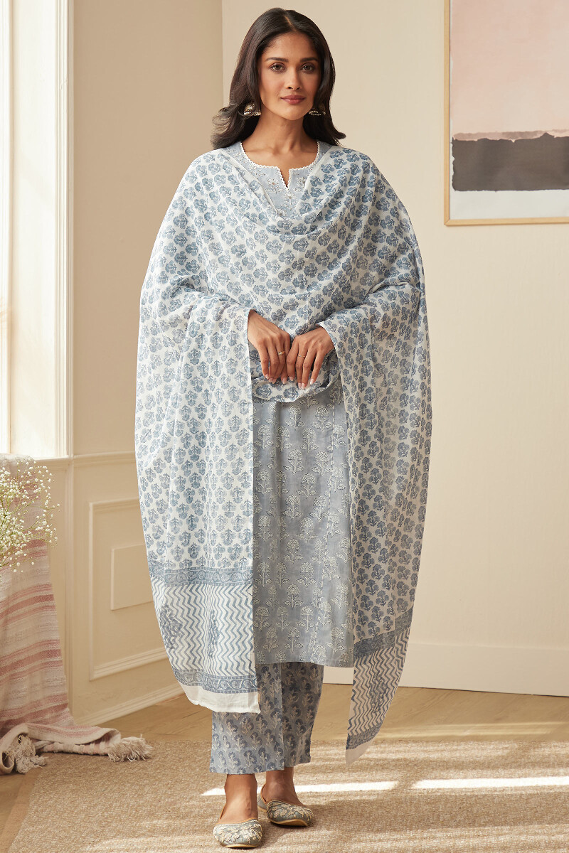 White Hand Block-Printed Cotton Mul Dupatta