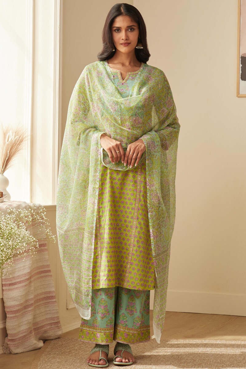 Green Hand Block-Printed Kota Dupatta