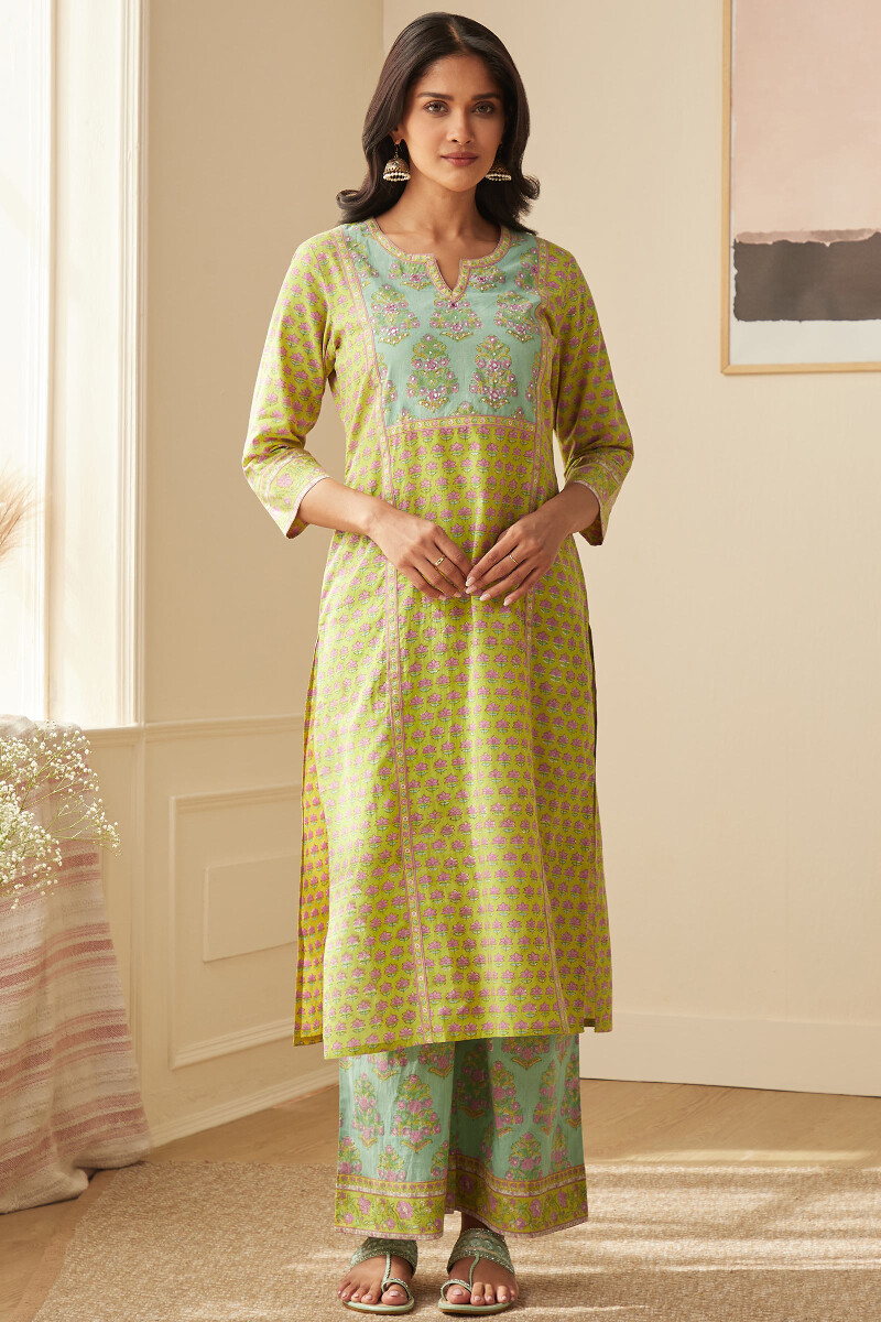 Yellow Hand Block-Printed Straight Cotton Kurta