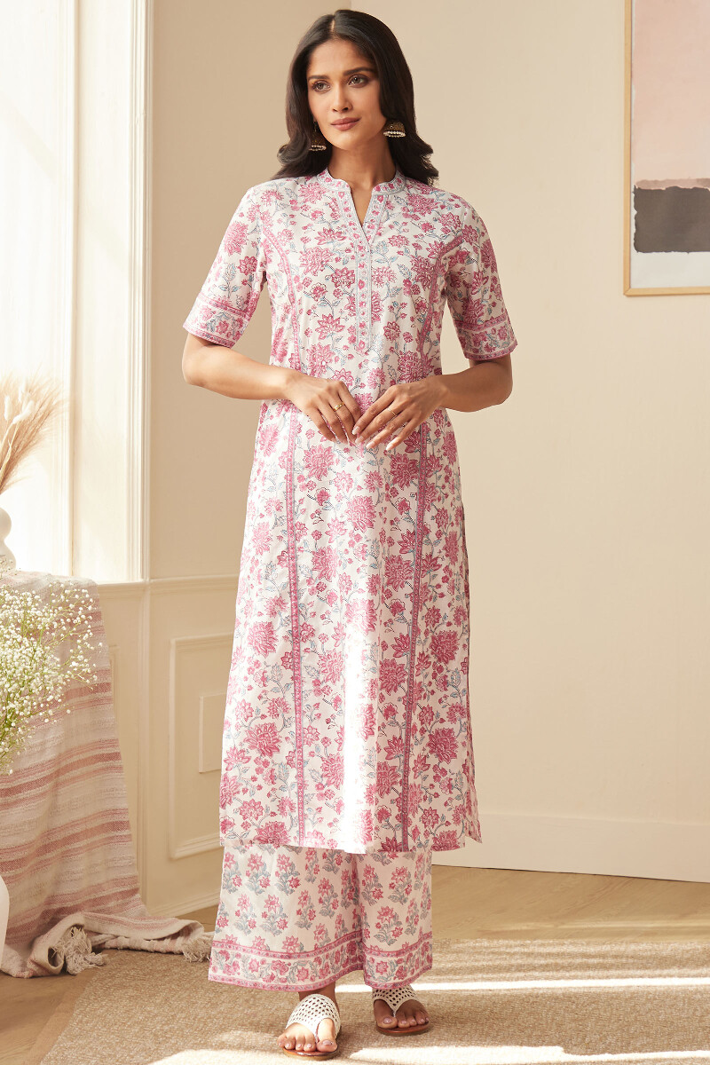 White Hand Block-Printed Straight Cotton Kurta