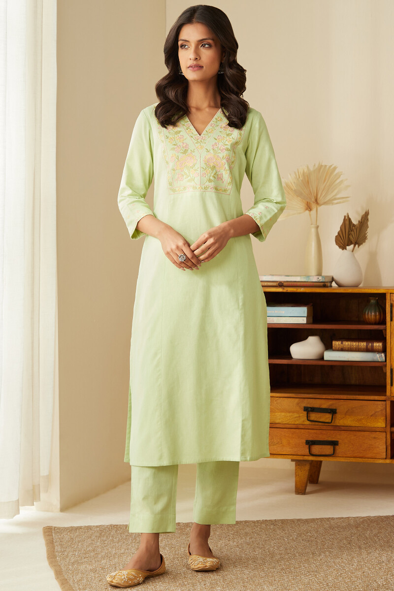 Green Handcrafted Straight Cotton Flax Kurta