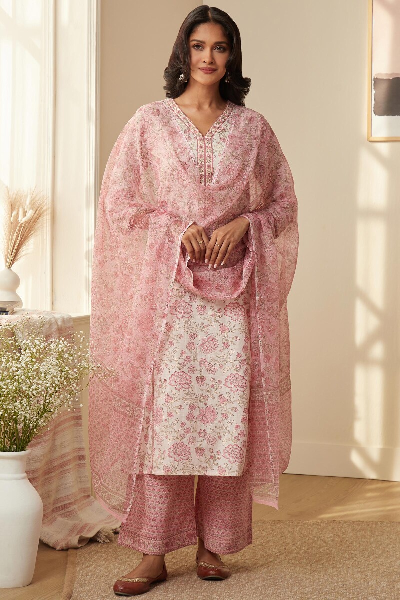 Pink Hand Block-Printed Cotton Slub Farsi