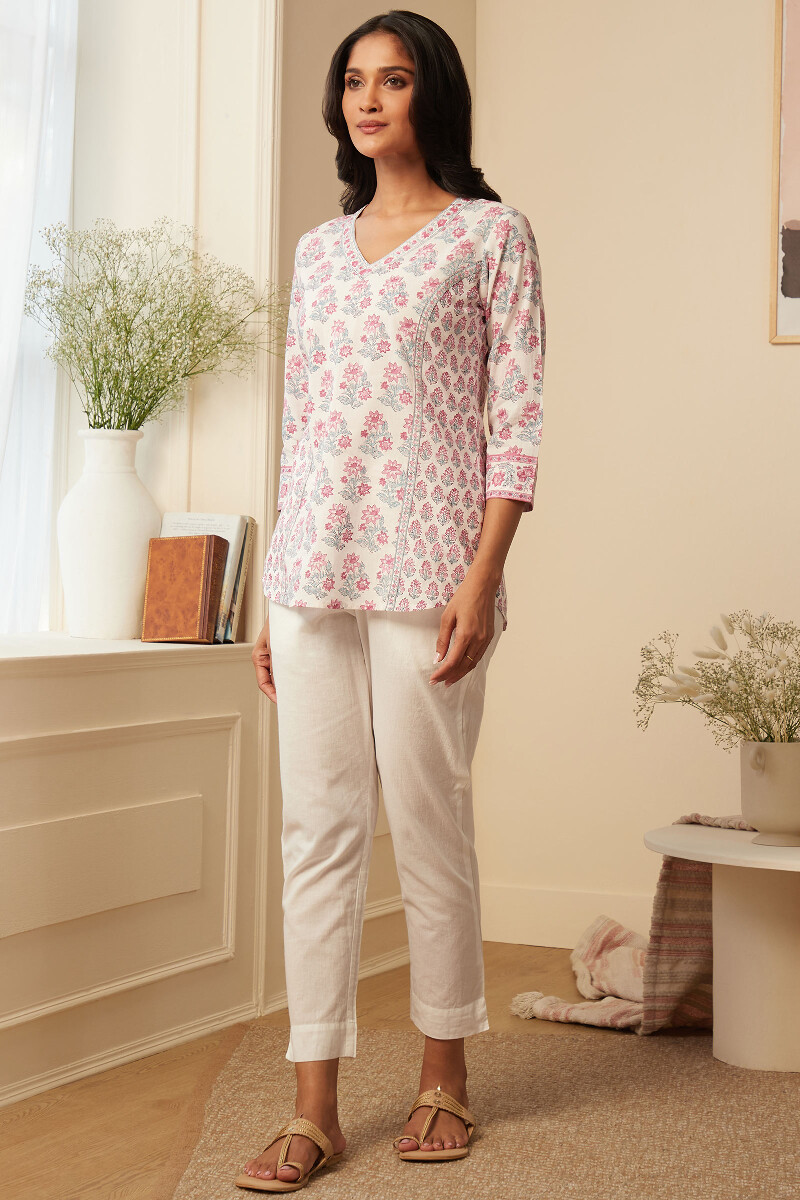 White Hand Block-Printed Cotton Top