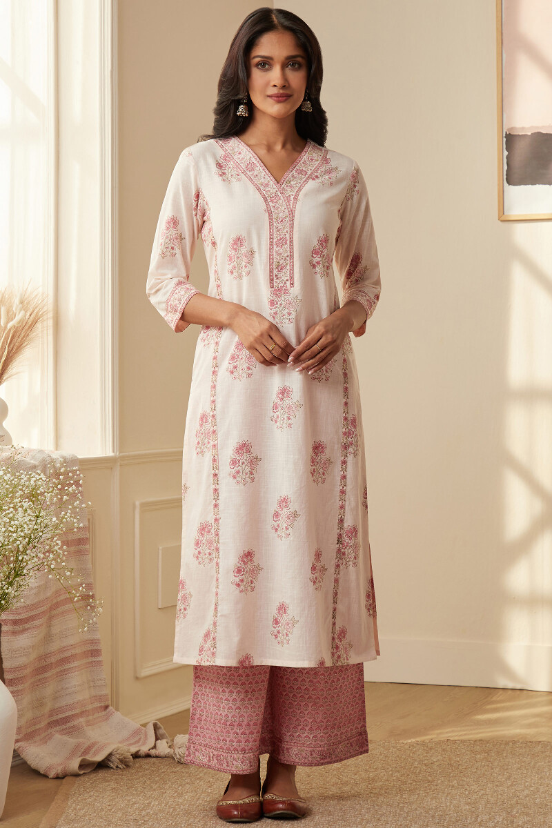Pink Hand Block-Printed Straight Cotton Slub Kurta